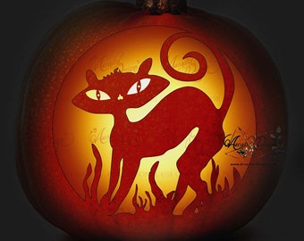 Estêncil para impressão de escultura de abóbora de gato preto de Halloween | Download instantâneo de padrão digital | Modelos para impressão de escultura em lanterna de abóbora faça você mesmo