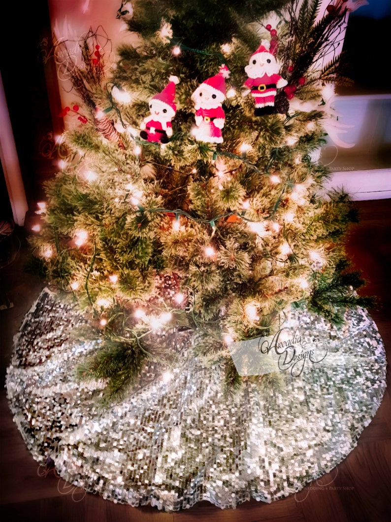 Christmas Tree Skirt Silver Sequin 48 Sparkle Xmas Tree Etsy