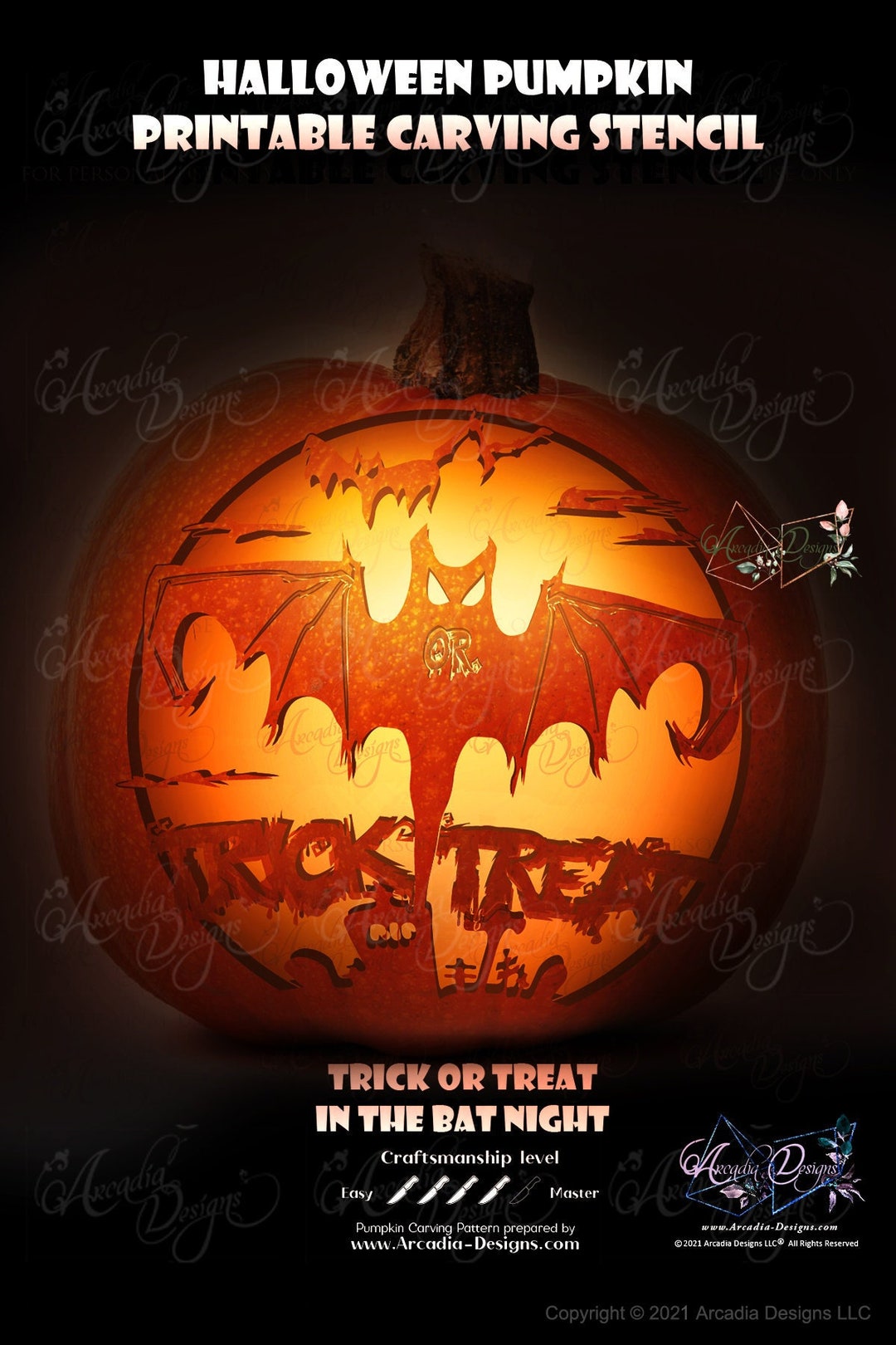 Trick or Treat in the Bat Night Halloween Decor Pumpkin Carving Stencil ...