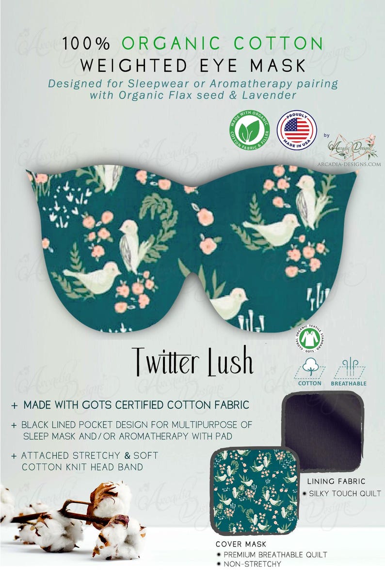 Pu&ograve; includere: Una mascherina per gli occhi ponderata color verde acqua con un motivo floreale e di uccelli bianchi. La mascherina &egrave; realizzata in cotone biologico ed &egrave; progettata per dormire o l'aromaterapia. Il testo "Twitter Lush" &egrave; visualizzato.