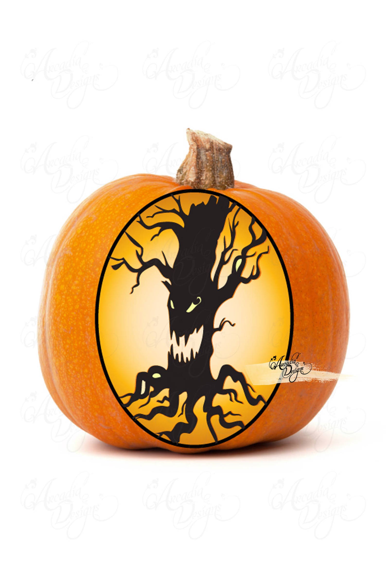Printable Halloween Pumpkin Carving Pattern Stencil PDF Scary Face Tree ...