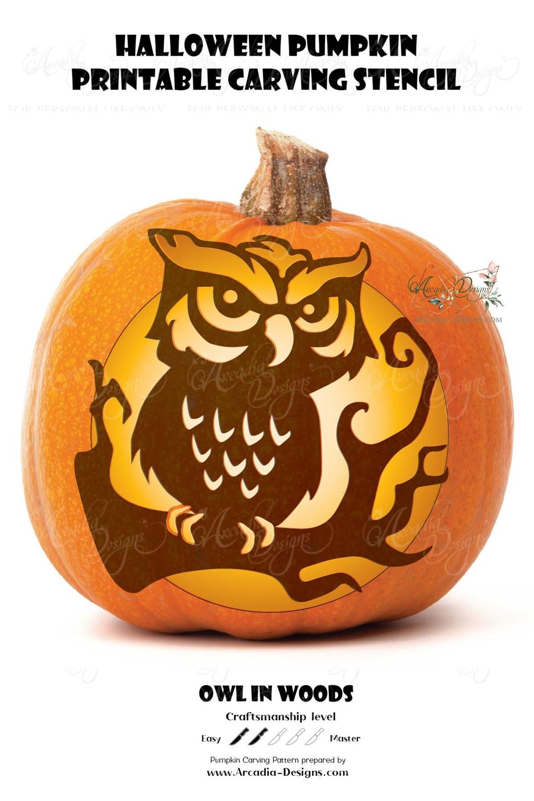 Owl in the Woods Printable Halloween Pumpkin Carving Pattern