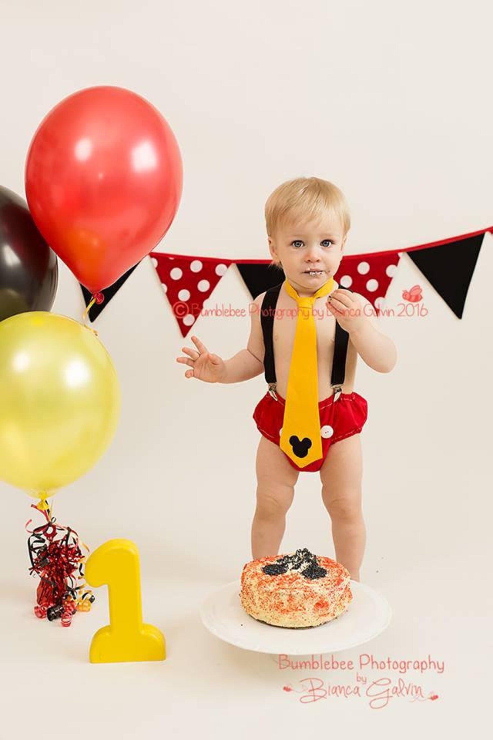 Boys Cake Smash Outfit Mickey Mouse Tie pants braces and