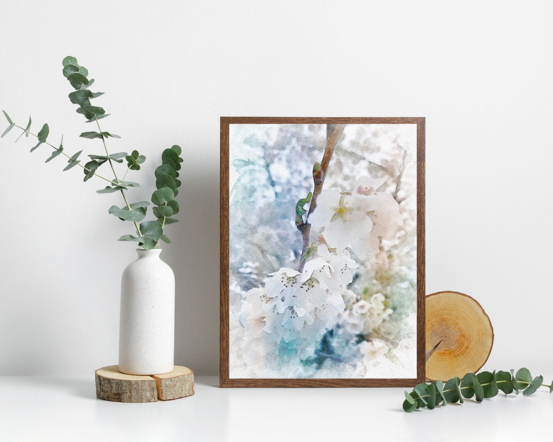 White Flower Wall Art, Printable Art, Watercolor Print, Floral Wall Art