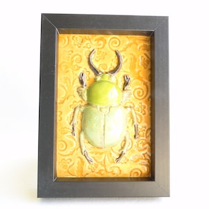 Framed Handmade Ceramic Tile with Beetle Decoration, Art Tile, Ceramic Sculpture, Home decor, Wall Art