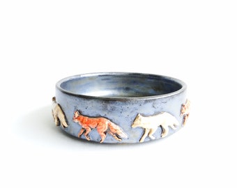 Ceramic Bowl with Fox decoration, hand thrown and glazed - studio pottery - pottery bowl