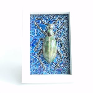 Framed Handmade Ceramic Tile with Beetle Decoration, Art Tile, Ceramic Sculpture, Home decor, Wall Art