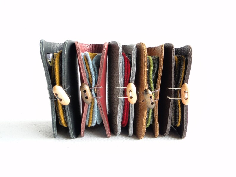 in tan leather with a dog fabric interior Needle Case sewing accessory gift Needle book