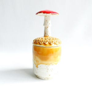 Pode incluir: Pote de cerâmica em forma de cogumelo. A tampa é vermelha e branca, o corpo é bege e branco e a borda é decorativa. Um item decorativo, ideal para armazenamento.