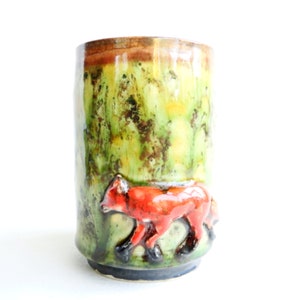 Ceramic Vase, Brush Pot, Fox and Hare decoration, hand thrown and glazed - studio pottery - pottery vase