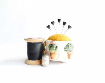 Pottery Pin Cushion, hand thrown and glazed with cacti and succulent decoration and felt top - sewing accessory gift