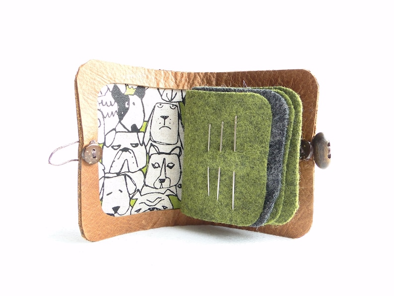 in tan leather with a dog fabric interior Needle Case sewing accessory gift Needle book
