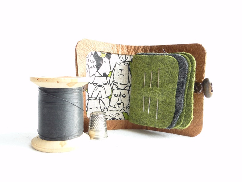 in tan leather with a dog fabric interior Needle Case sewing accessory gift Needle book