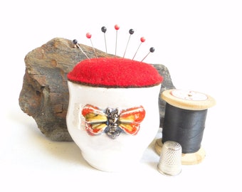 Hand Thrown Pottery Pin Cushion, Moth Decoration, Wool Felt Top