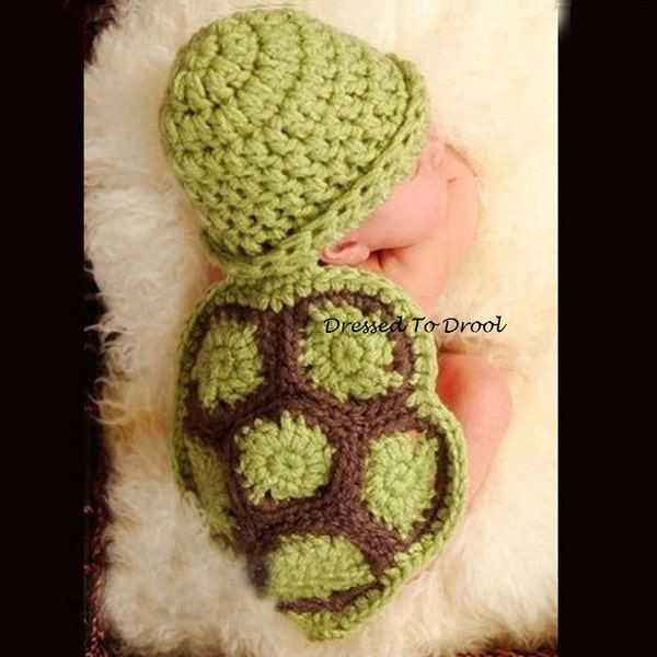Baby Girl Boy Infant Crochet Turtle Beanie Hat Outfit.  Party Costume.  Photo Props Green