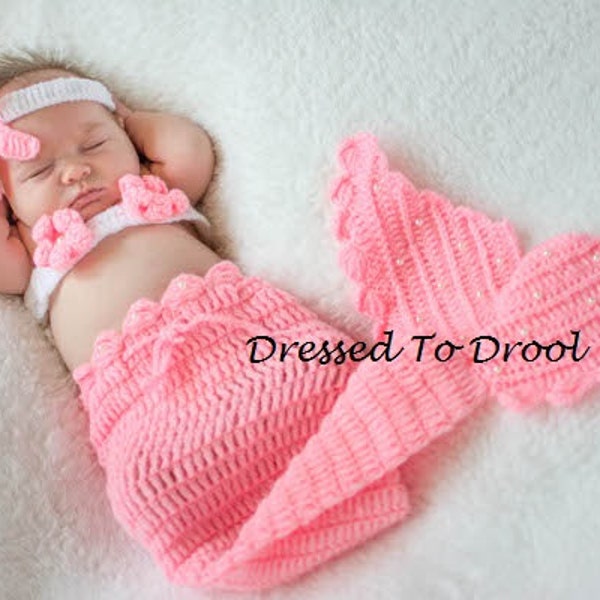 3pcs Set Crochet Mermaid Tail Cocoon Costume Pearl Accents with Flower Headband Outfit.  Baby Girl Infant Photo Props Pink