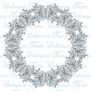 May include: A black and white intricate circular design with a floral pattern. The design is symmetrical and has a repeating pattern of swirls and leaves.