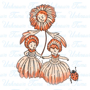 May include: Two girls wearing daisy dresses with orange petals and a ladybug on the ground. The girls are holding hands and smiling.