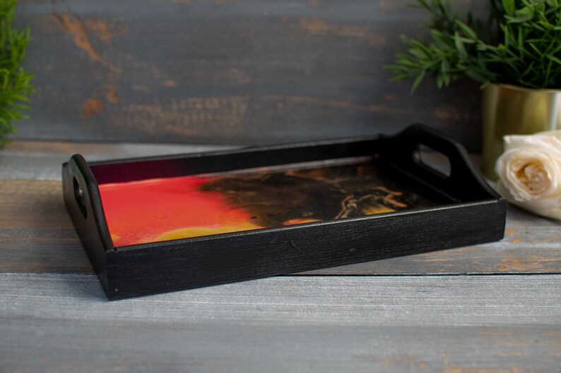 Black wooden tray, natural wood, kitchen tray, salver, kitchen storage, black pink gold, resin, unique, With Love image 6