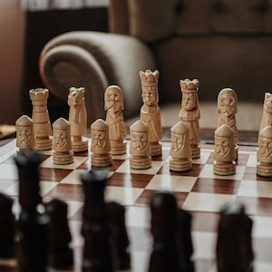 Hand carved chess, Wooden inlaid chess board, large cassette, wooden game, artistic chess board, chess sets with board, handmade game board