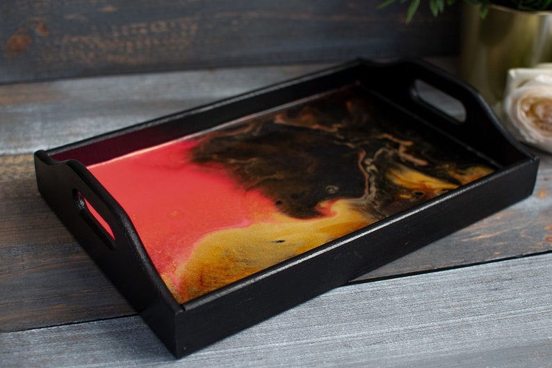 Black wooden tray, natural wood, kitchen tray, salver, kitchen storage, black pink gold, resin, unique, With Love image 7