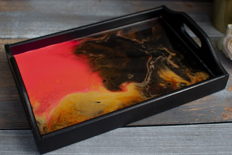 Black wooden tray, natural wood, kitchen tray, salver, kitchen storage, black pink gold, resin, unique, With Love image 3