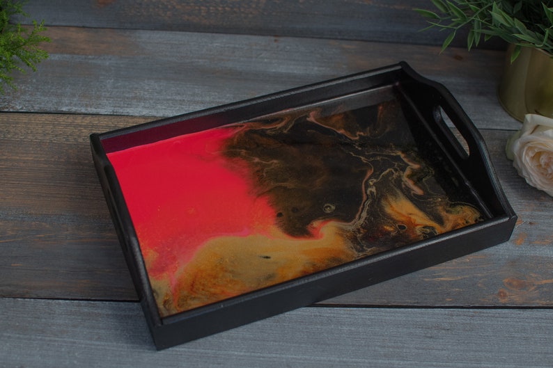 Black wooden tray, natural wood, kitchen tray, salver, kitchen storage, black pink gold, resin, unique, With Love image 1