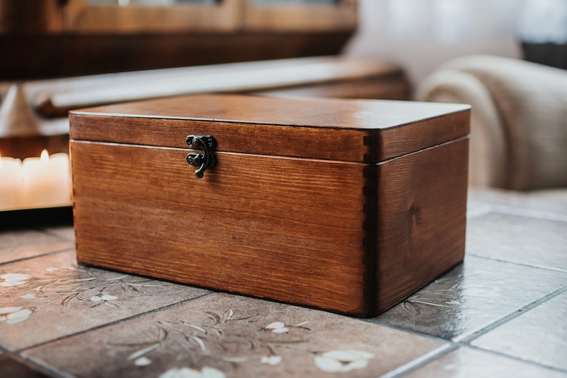 Brown wooden box with clasp lock,jewelry box,ring box,gift ideas,natural wood,personalized box,personalisation,letter box, big box,WITH LOVE image 1