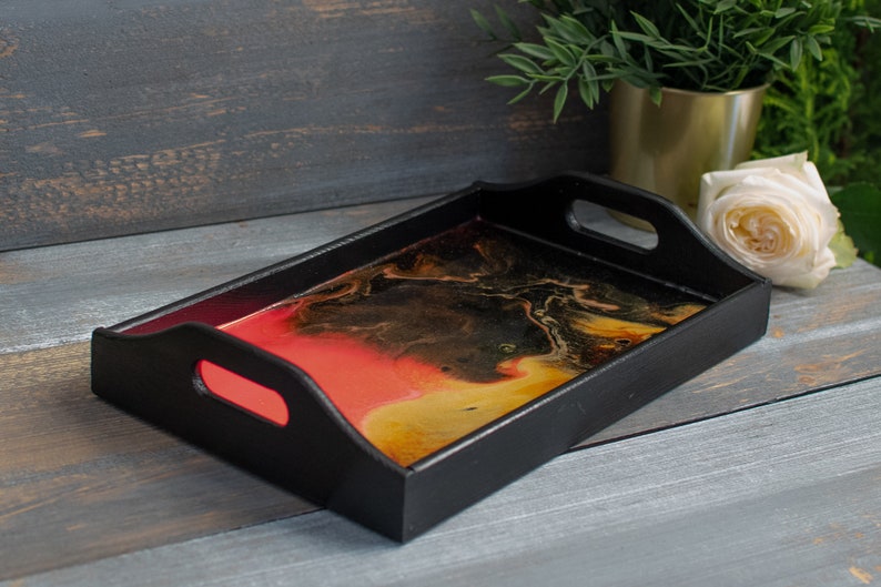 Black wooden tray, natural wood, kitchen tray, salver, kitchen storage, black pink gold, resin, unique, With Love image 5