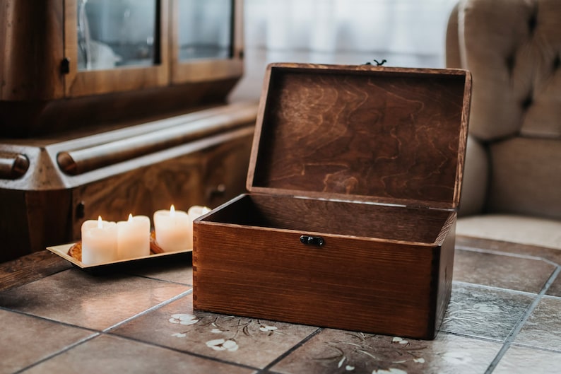 Brown wooden box with clasp lock,jewelry box,ring box,gift ideas,natural wood,personalized box,personalisation,letter box, big box,WITH LOVE image 9