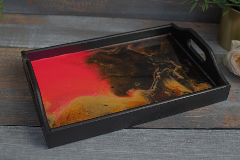 Black wooden tray, natural wood, kitchen tray, salver, kitchen storage, black pink gold, resin, unique, With Love image 2