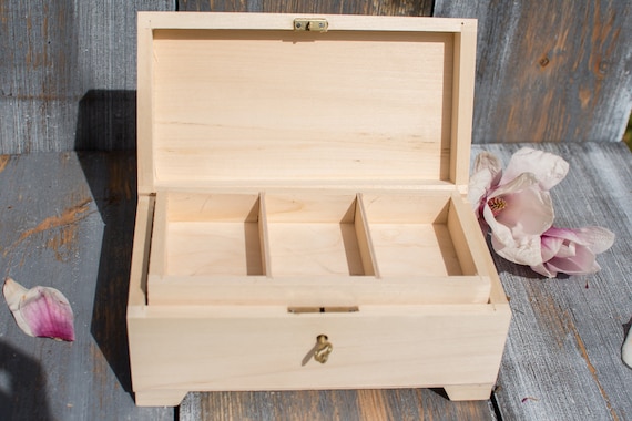 Unfinished Wooden Box Closed With Key,natural Wood,lockable,box With Lock,3  Compartments,wooden Keepsake,jewerly Box,birthday,anniversary 