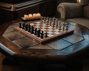 Juego de ajedrez de torneo original nº 5, tablero de ajedrez con incrustaciones, piezas de ajedrez curvadas a mano y ponderadas