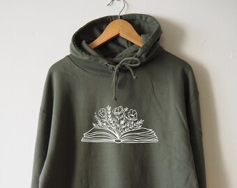 Book Flower Hoodie Wildflowers Reading Sweatshirt Unisex Floral Sweater Water based print Bookish hoodie Librarian hoodie books