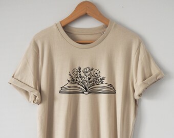 Chemise livre fleurs T-shirt bio Doux confortable Coupe ajustée Chemise de lecture fleurs sauvages à imprimé écologique Chemise à fleurs Chemise livresques Chemise de bibliothécaire