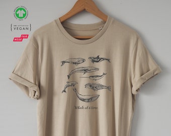 Whale of a time ORGANIC Whale T-shirt shirt Water based Eco ink High Quality Soft unisex Peta Vegan approved Sustainable Nature Dolphin Sea