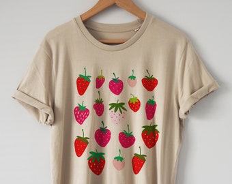 Strawberry Shirt Cottagecore T-shirt Organic Soft comfortable Great fit Eco Print Unisex Vegan Botanical shirt fruit shirt gifts for her