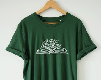 Livre Flower Shirt T-Shirt Organique Doux confortable Super coupe Eco Print Wildflowers Reading Shirt Floral Shirt Bookish Shirt Librarian shirt