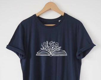 Chemise livre fleurs T-shirt bio Doux confortable Coupe ajustée Chemise de lecture fleurs sauvages à imprimé écologique Chemise à fleurs Chemise livresques Chemise de bibliothécaire