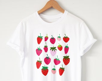 Strawberry Shirt Cottagecore T-shirt Organic Soft comfortable Great fit Eco Print Unisex Vegan Botanical shirt fruit shirt gifts for her