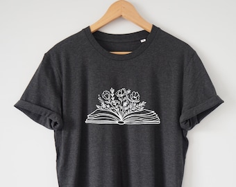 Livre Flower Shirt T-Shirt Organique Doux confortable Super coupe Eco Print Wildflowers Reading Shirt Floral Shirt Bookish Shirt Librarian shirt