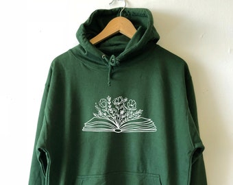 Book Flower Hoodie Wildflowers Reading Sweatshirt Unisex Floral Sweater Water based print Bookish hoodie Librarian hoodie books