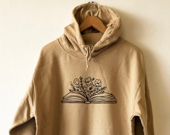 Book Flower Hoodie Wildflowers Reading Sweatshirt Unisex Floral Sweater Water based print Bookish hoodie Librarian hoodie books