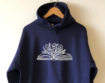 Book Flower Hoodie Wildflowers Reading Sweatshirt Unisex Floral Sweater Water based print Bookish hoodie Librarian hoodie books