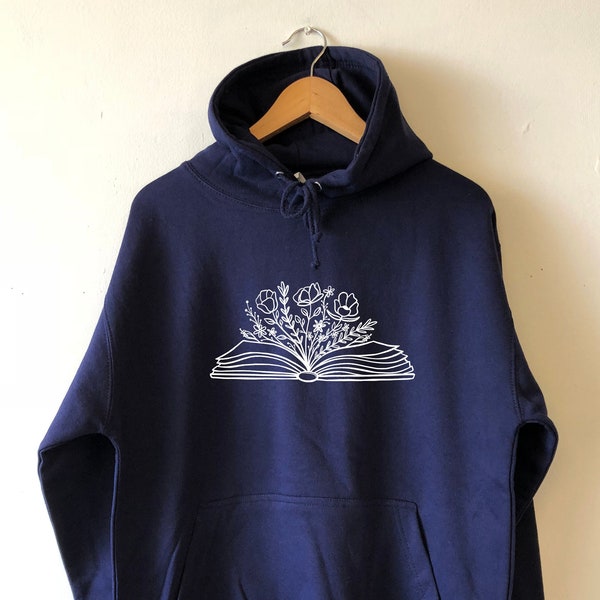 Book Flower Hoodie Wildflowers Reading Sweatshirt Unisex Floral Sweater Water based print Bookish hoodie Librarian hoodie books