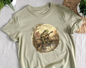 Cottagecore Aesthetic Frog playing instrument on a log shirt, Organic, unisex, frog T-shirt, Cottage core clothing, frog and toad,fairy core