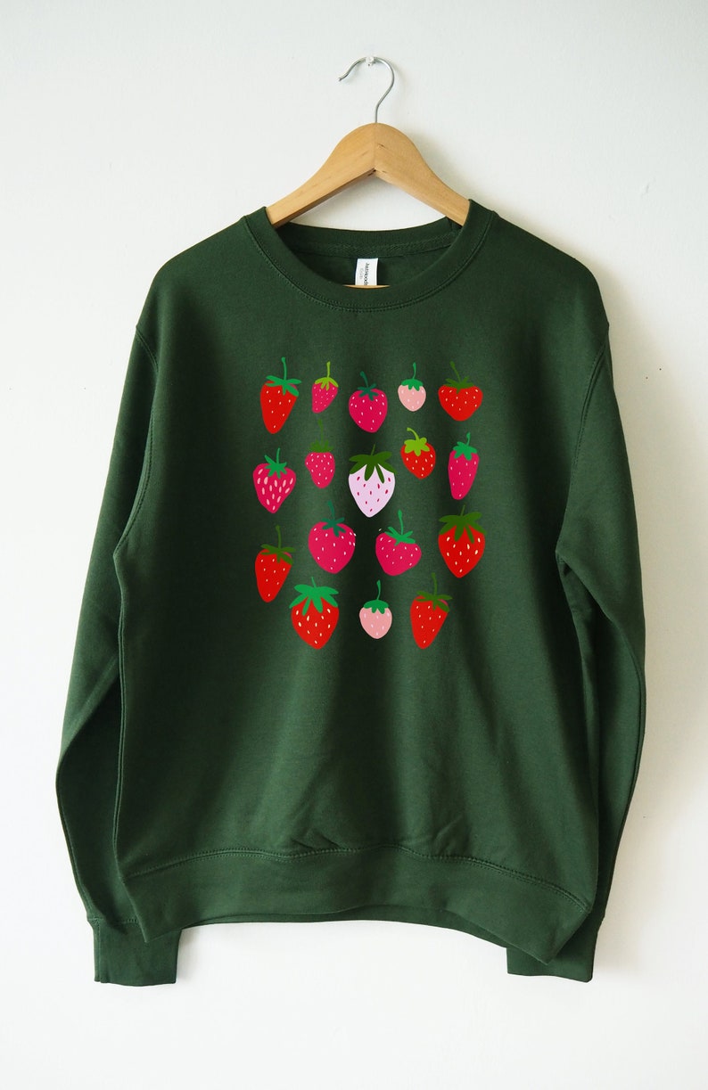 May include: A dark green sweatshirt with a pattern of red and pink strawberries printed on the front.