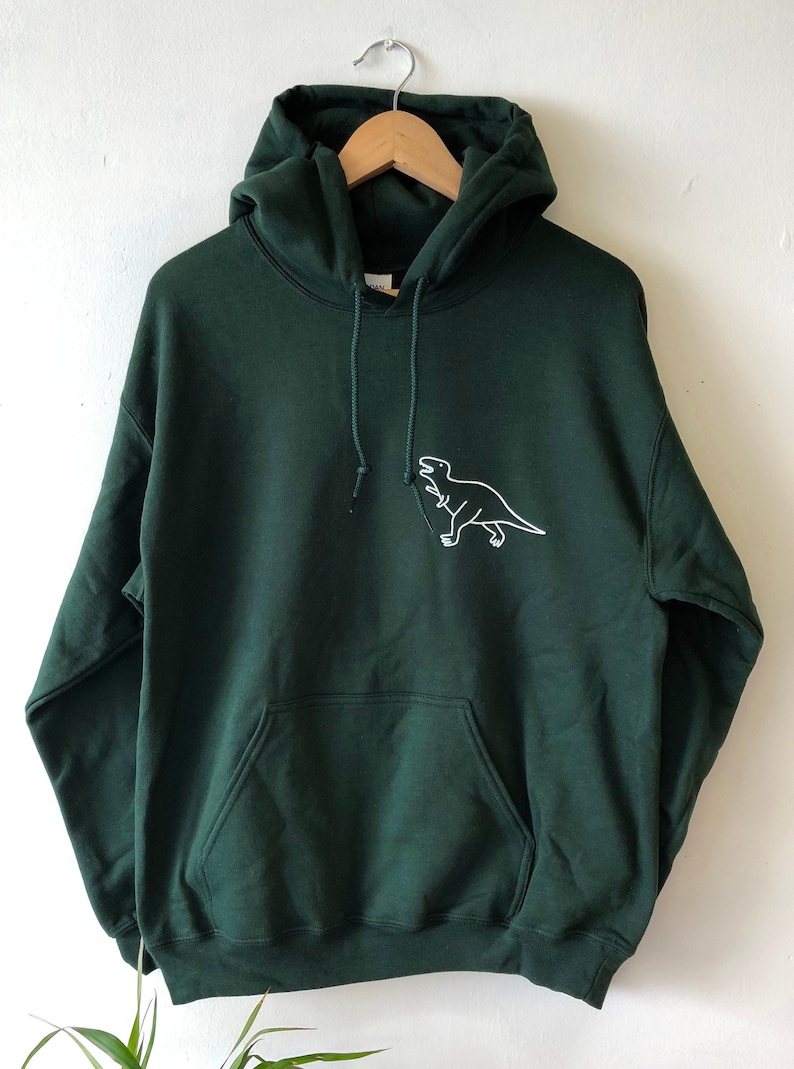 Dinosaurier Tasche Hoodie Kapuzen Sweatshirt unisex Hochwertiger Wasserbasierter Druck Soft Weltweit Schiff Dino T-Rex Jurassic Brontosaurus lustig Forest green