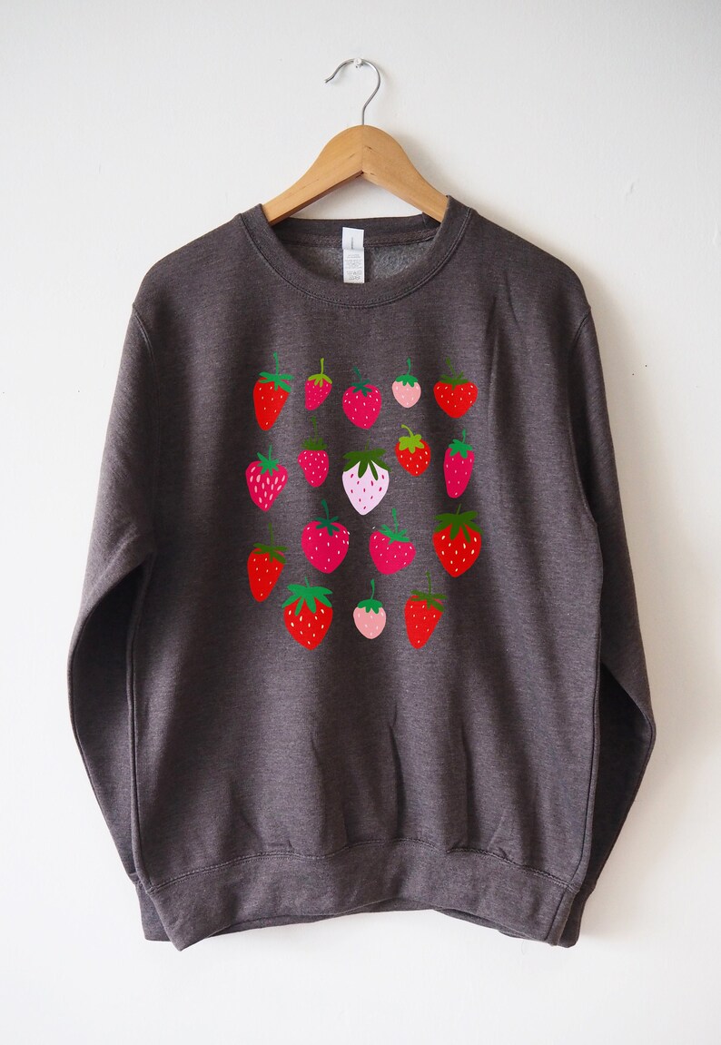May include: A dark grey sweatshirt with a pattern of red, pink and green strawberries printed on the front.