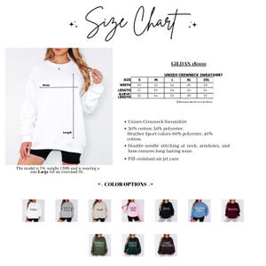 Może przedstawiać: Tabela rozmiar&oacute;w dla bluzy dresowej unisex z okrągłym dekoltem, z wymiarami w calach. Tabela zawiera rozmiary od S do 2XL, z szerokością od 51 do 71 cm i długością od 69 do 79 cm. Opcje kolor&oacute;w obejmują biały, szary, r&oacute;żowy, czarny i bordowy.